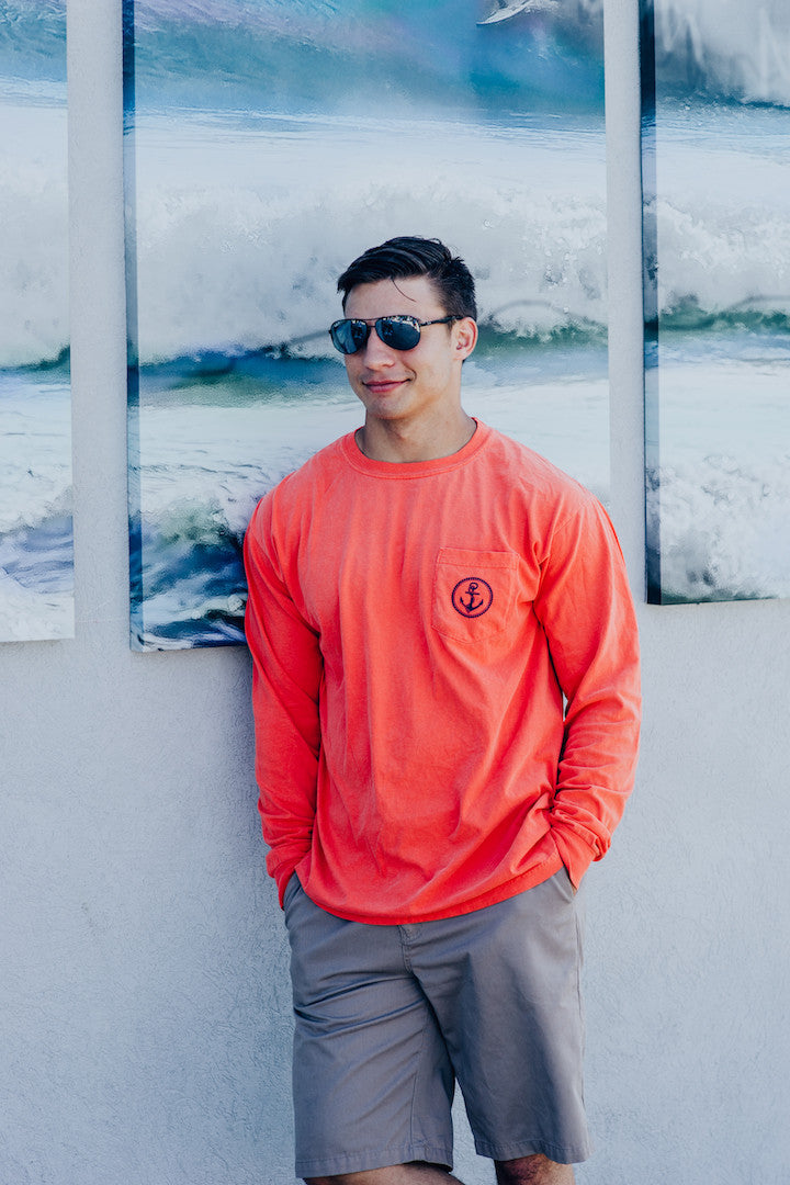 Pocketed Long-Sleeve Shirt Fish design Bright Salmon color